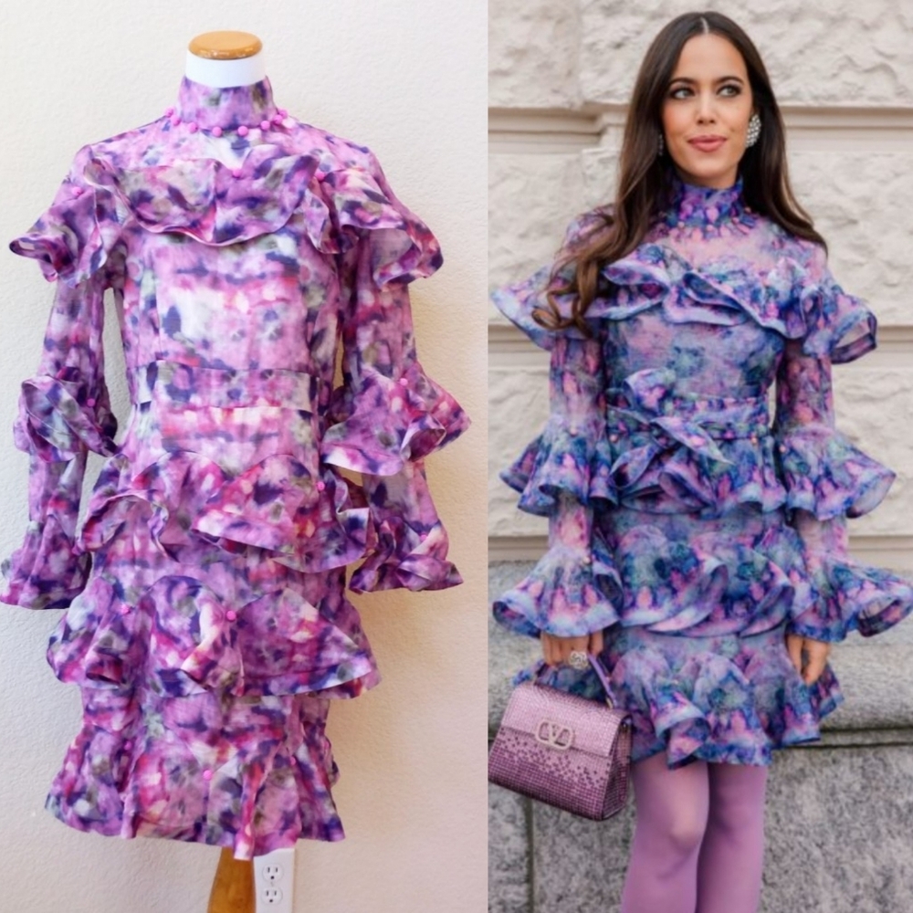 Beulah Lavender Floral Ruffled Long Sleeve Mini Dress
